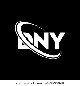 Logotipo DNY. Carta DNY. Design do logotipo da letra DNY. Logotipo DNY inicial ligado ao círculo e monograma maiúsculo. Tipografia DNY para marca de tecnologia, negócios e imóveis.
