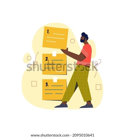 To do arrange. Man analyzes folders. Employee searches archive for valuable information. Analytical department and work with statistics. Dossier, modern technologies. Cartoon flat vector illustration