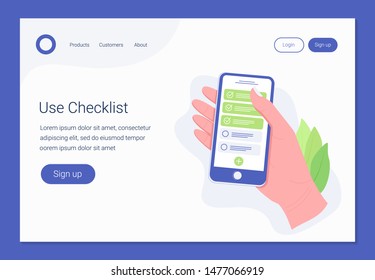 To do check list concept. Hand holding smartphone with to do list on the display. Landing page template. Trendy flat style. Vector illustration.