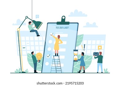 To do check list and tiny business people work on prioritizing and important goals management. Cartoon corporate person planning agenda task and project on clipboard checklist flat vector
