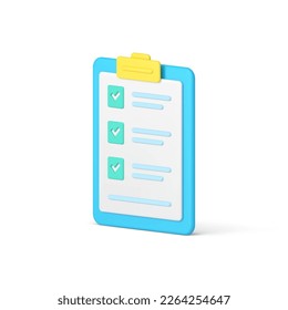 To do check mark blue clipboard checklist poll form questionnaire task survey 3d icon realistic vector illustration. Document filling article data complete paper notepad summary business report
