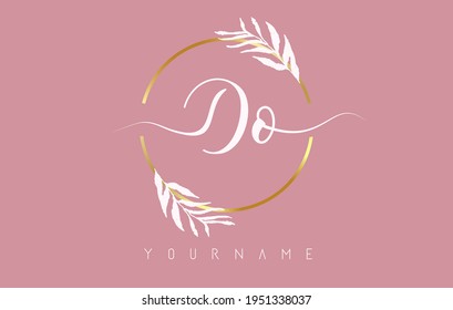 DO d o Letters logo design with golden circle and white leaves on branches around. Vector Illustration with with D and O letters for personal branding, business, eco friendly or natural products. 
