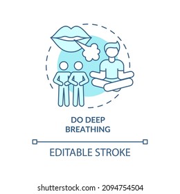 Haz un icono de concepto turquesa para respirar profundamente. Ejercicio contra la ansiedad ataque la idea abstracta ilustración de línea delgada. Dibujo de contorno aislado. Trazo editable. Fuentes Roboto-Medium, Myriad Pro-Bold utilizadas