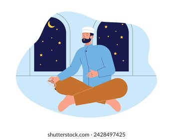 Do dhikr at night quietly, muslim vector illustration.