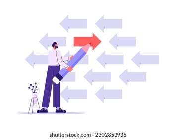 Do different concept, innovative ideas, man with pencil drawing a Different color arrow to the left in the middle of many arrows heading to the right