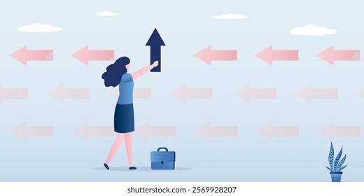 Do different concept, innovative ideas, confident businesswoman turned arrow of different way. Change yourself and your way of thinking. Become different, not like the rest. flat vector illustration