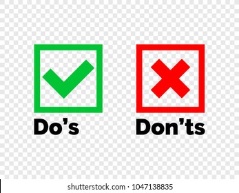 Do and Dont check tick mark and red cross icons isolated on transparent background. Vector Do's and Don'ts checklist or choice option symbols in square frame