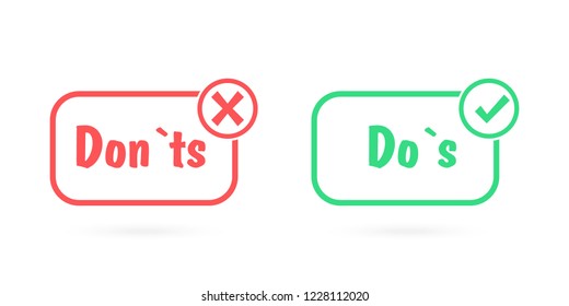 Do and Don't check tick mark and red cross icons. Do's and Dont's checklist or choice option symbols in square frame