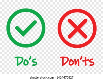 Do and Dont check tick mark and red cross icons isolated on transparent background. Vector Do's and Don'ts checklist or choice option symbols in circle frame, eps 10