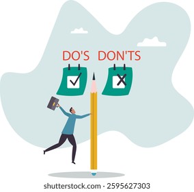 Do and don't checklist, positive suggestion and negative to avoid, correct and false answer on paper note,character for design