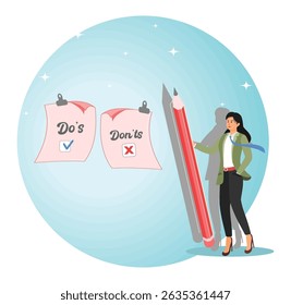 Do and don't checklist, positive suggestion and negative to avoid. Businesswoman write do and don't checklist on sticky notes.
