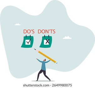 Hacer y no hacer lista de comprobación, sugerencia positiva y negativa para evitar, respuesta correcta y falsa en la nota de papel, concepto de la gente.
