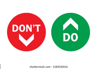 Do and don't up and down, pros and cons left green right arrows in circles with transparent background. Icons for positive negative evaluation. Vector illustration.