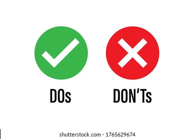 do dont icon. good true dos and bad false donts. like unlike error. green red circles on white backgrounds. okay fail sign. ok negative incorrect correct. social accept. approved positive. 