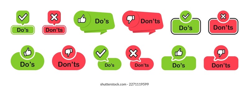 Do and Don't icon set. Check mark and cross. Like and dislike symbols. Thumb up and thumb down icons. Positive and negative signs. Vector illustration.