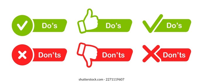 Do and Don't icon set. Check mark and cross. Like and dislike symbols. Thumb up and thumb down icons. Positive and negative signs. Vector illustration.