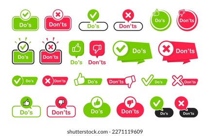 Do and Don't icon set. Check mark and cross. Like and dislike symbols. Thumb up and thumb down icons. Positive and negative signs. Vector illustration.
