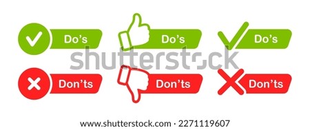 Do and Don't icon set. Check mark and cross. Like and dislike symbols. Thumb up and thumb down icons. Positive and negative signs. Vector illustration.
