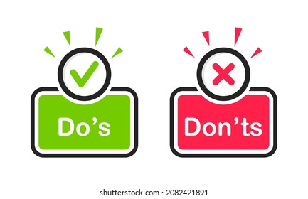 Do and Don't icons. Check mark and cross. Like and dislike symbols. Positive and negative signs. Vector illustration.