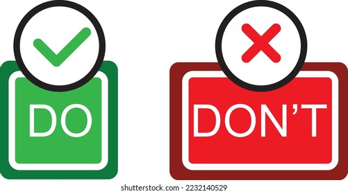 Do and Don't icons. Check mark and cross. Like and dislike symbols. Positive and negative signs. Vector illustration.