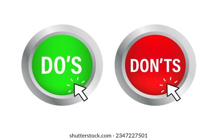 Do and Don't icons. Check mark and cross. Like and dislike symbols. Positive and negative signs. The mouse cursor clicks on the glossy button. Vector illustration