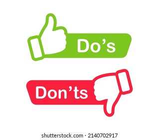 Do and Don't icons. Like and dislike symbols. Positive and negative signs. Thumb up and thumb down icon. Vector illustration.