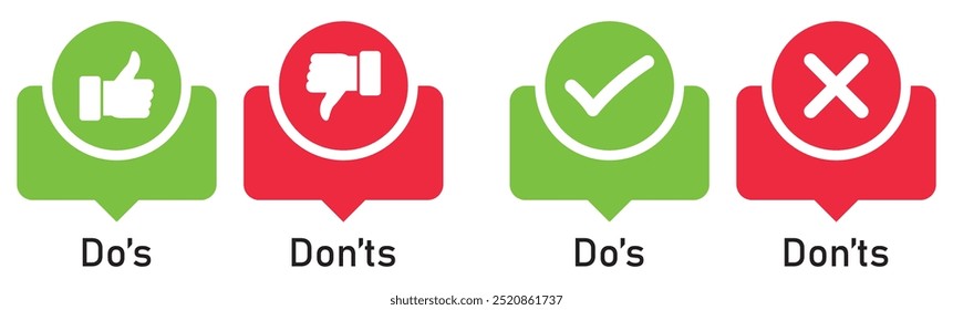 Do and don't icons. like and dislike symbols. Positive and negative symbols. Thumb up and thumb down icon collection. Check mark and X mark icon.