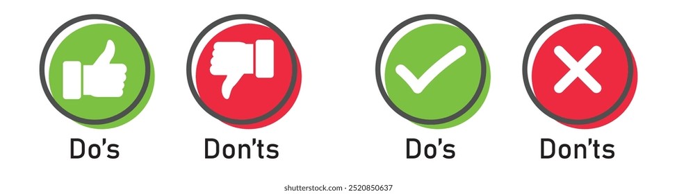 Symbole für "Do" und "Don" sind festgelegt. Gefällt und missfällt Zeichen. Positive und negative Symbole. Symbolsammlung mit Daumen nach oben und nach unten. Häkchen- und X-Zeichen-Symbol.