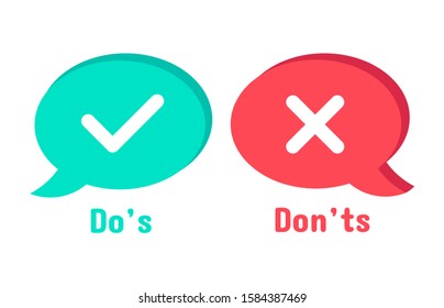 Do and Dont icons. Speech bubble checklist element, yes and no dialogue cloud box. Accept or reject symbol vector icon. Choice options. Right and wrong symbols. Correct and incorrect decision