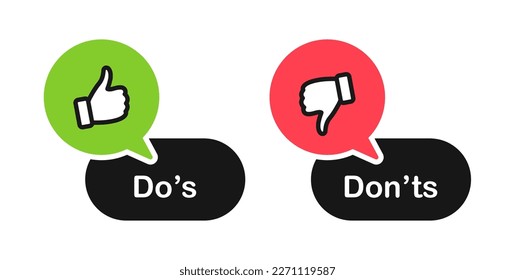 Do and Don't icons. Thumb up and thumb down icons. Like and dislike symbols. Positive and negative signs. Vector illustration.