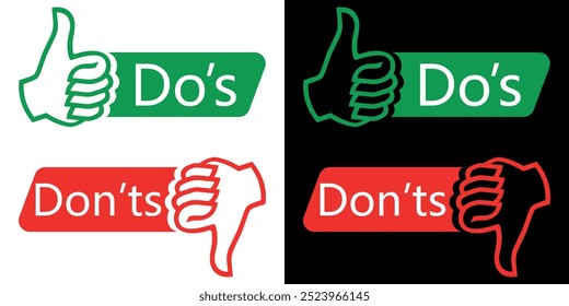 Do and Don't icons. Thumb up and thumb down icon. Like and dislike symbols. Vector illustration isolated on black and white background.