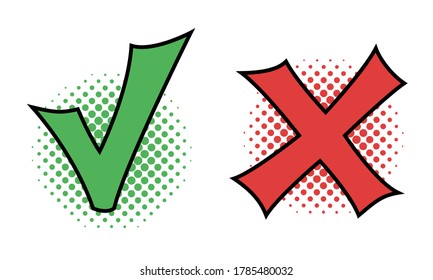 Do and Don't icons, vector elements in comic book style. Check mark and cross, used to indicate rules of conduct or response versions.