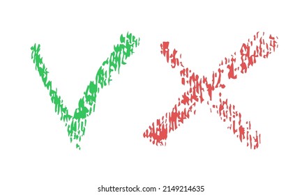 Do And Don't Icons. Vector Elements, Chalk Texture. Green Check Mark And Red Cross, Used To Indicate Rules Of Conduct Or Response Versions.