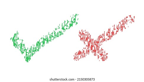 Do And Don't Icons. Vector Elements, Chalk Texture. Green Check Mark And Red Cross, Used To Indicate Rules Of Conduct Or Response Versions.