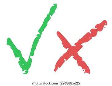 Do and Don't icons. Vector elements, chalk texture. Green check mark and red cross, used to indicate rules of conduct or response versions.