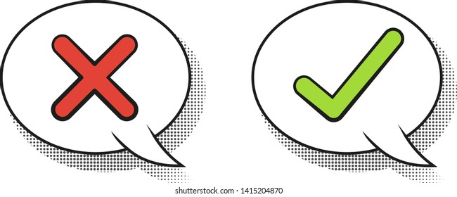 Do and Don't or Like & Unlike Icons with Positive and Negative Symbols. speech bubbles in comic retro style. Yes and No check marks. Vector illustration. Red and green check marks on white background.