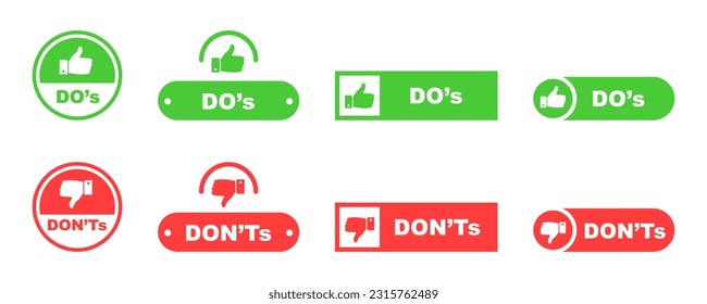 Do and don't. Positive vs negative. True or false. Accept and reject. Correct versus wrong. Red, green sign. Vector set.