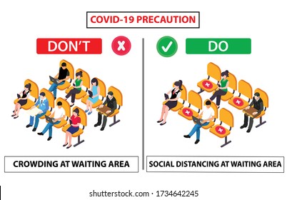Do and don't poster of covid 19 corona virus. Safety instruction for people are sitting on chair and maintaining distance for safety. Vector illustration of covid-19 awareness. 