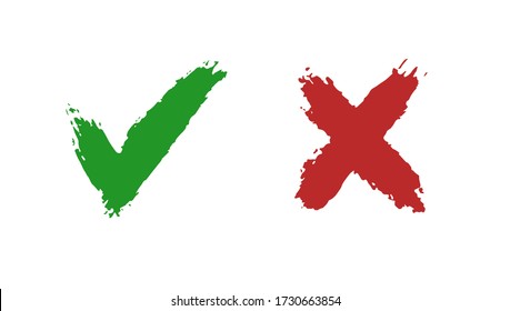 Do and Don't simple icons, freehand brush strokes. Vector elements. Green check mark and red cross, used to indicate rules of conduct or response versions.