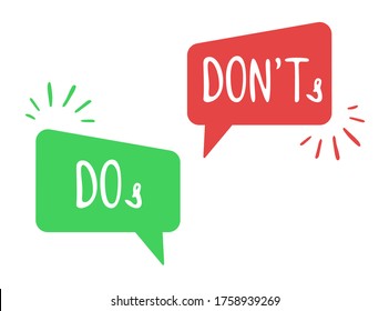 Do and Don't simple icons, vector elements. Check mark and cross in speech bubbles, used to indicate rules of conduct or response versions.