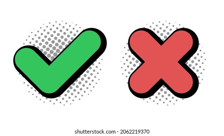 Do And Don't Simple Icons. Vector Elements With Shadow And Halftone. Green Check Mark And Red Cross, Used To Indicate Rules Of Conduct Or Response Versions.