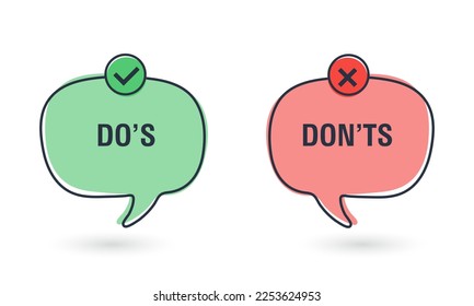 Do and Don't simple icons, vector elements. Check mark and cross in speech bubbles, used to indicate rules of conduct or response versions. Vector illustration