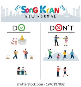 Do and Don't in Songkran festival 2021. Thai people fight virus concept. People wear facemask during covid-19 and flu outbreak. Virus and illness protection