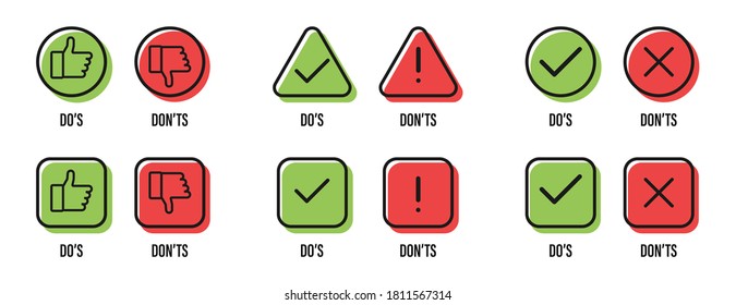 Do and Don't. Thumb up and thumb down. Tick and cross. Good and bad symbols. Like and dislike icons. Vector illustration