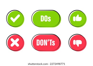 Do and Don't thumbs. Thumb up and thumb down. Rejected or approved. To-do and not-to-do list signs. Vector