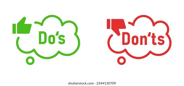 Ícones Fazer e não fazer definidos. Sinais verdes e vermelhos, positivos e negativos, botões de fazer e não com polegares para cima e polegares para baixo design plano. Ilustração transparente de png e vetor