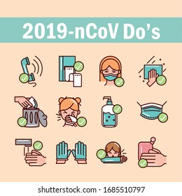 do and donts prevent spread of covid19 icons vector illustration line and file icon