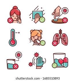 do and donts prevent spread of covid19 icons vector illustration line and file icon