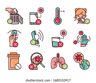 do and donts prevent spread of covid19 icons vector illustration line and file icon