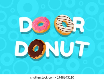 Do or donut cartoon colorful tasty doughnut and inscription horizontal blue poster. Glazed bake top view with chocolate and sprinkles for cake cafe decoration or menu design. Vector flat banner